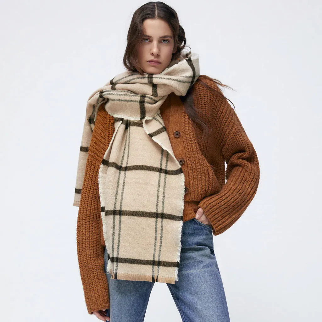 Versatile Plaid Printed Frayed Oversized Blanket Scarf - Khaki