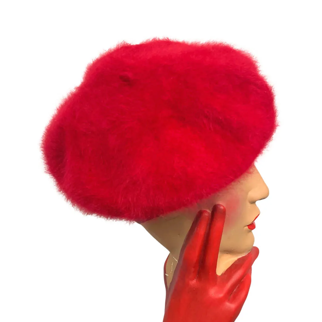 Vintage Fuchsia Fluffy Rabbit Fur Wool Beret by Laulhere