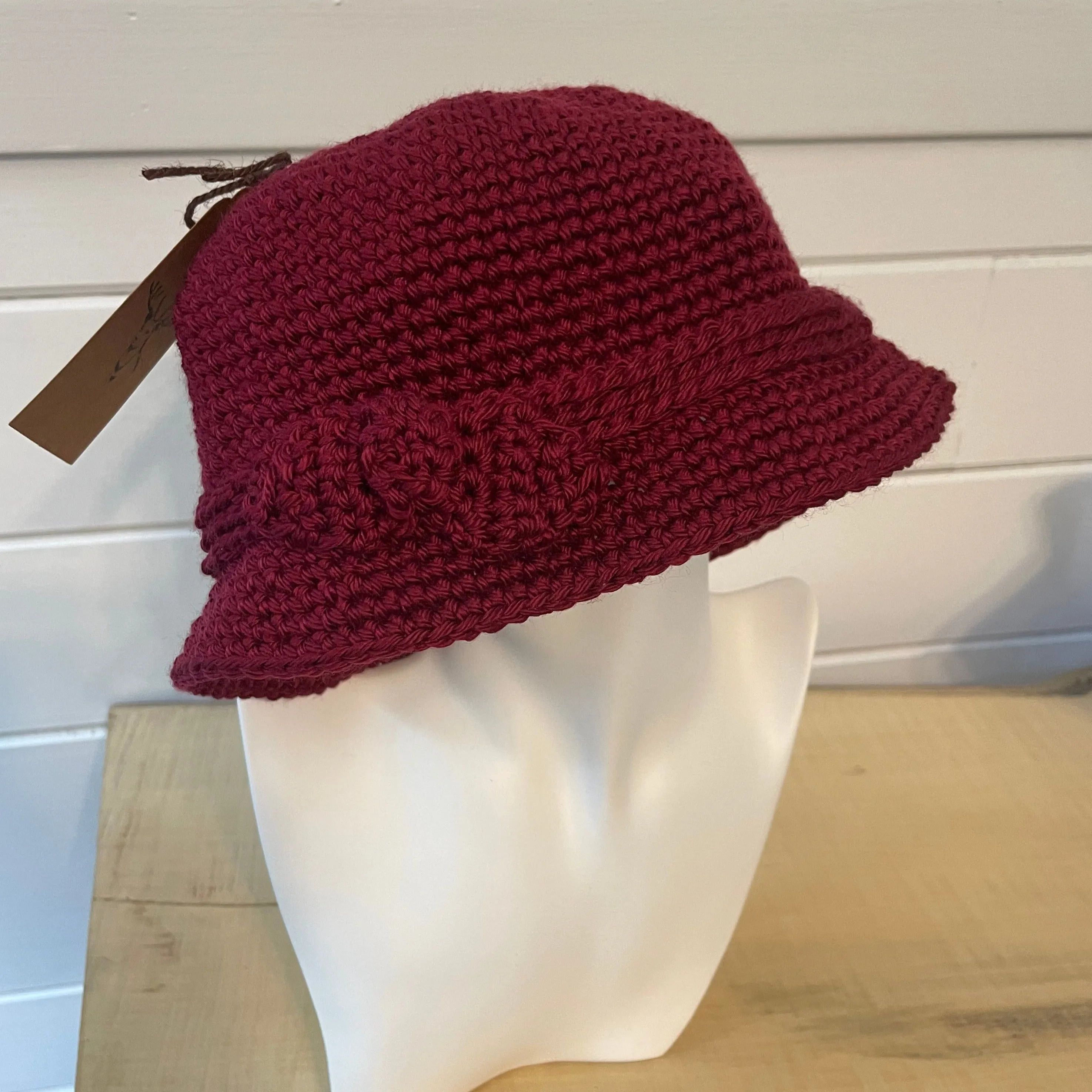 Vintage Retro Style Cloche Hat with Bow Accent in Red Wine Maroon Hand Crocheted Knit Fall Winter Bohemian Boho Handmade Women Gift Accessory