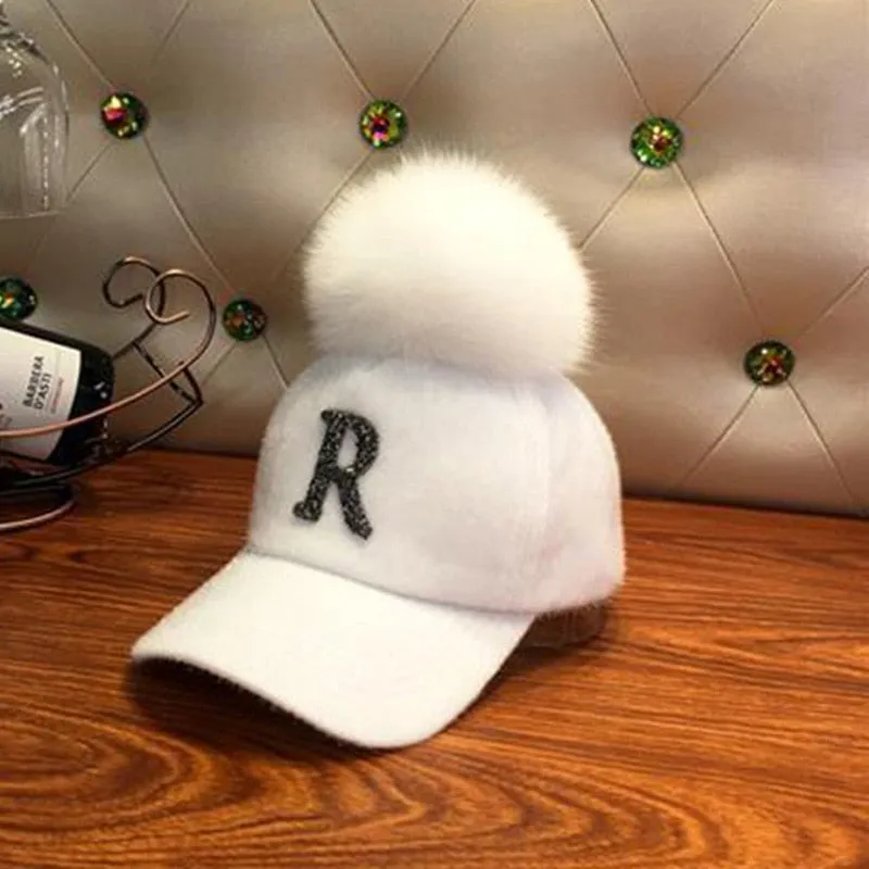 Winter Baseball Cap Women Rhinestone Letter Pompom Hip Hop Caps