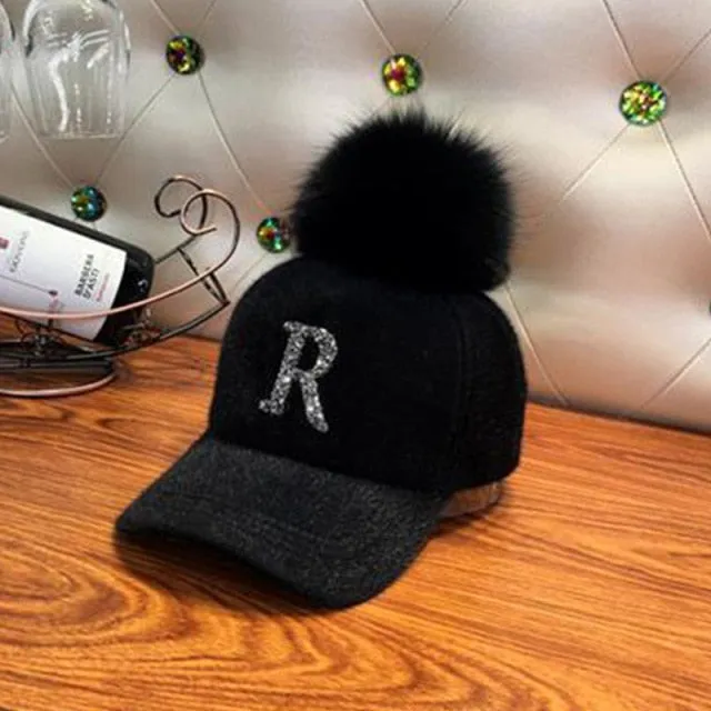 Winter Baseball Cap Women Rhinestone Letter Pompom Hip Hop Caps