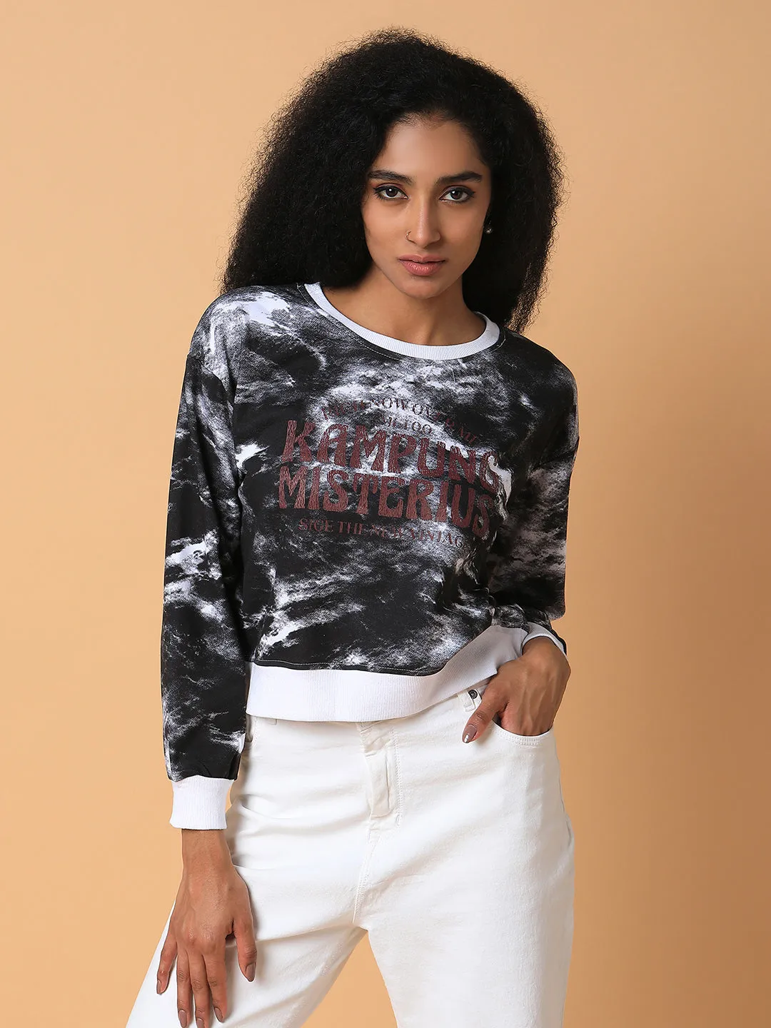 Women Abstract Black Drop Shoulder Pullover