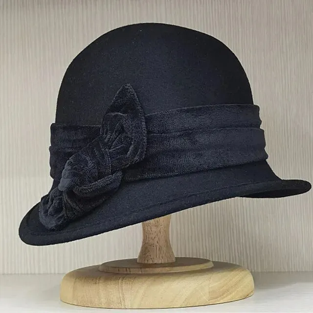 Womens Retro Style Wool Blower Hat Velvet Bow Fedora Hat Curling Brim Cloche Hat Ladies Church Wedding Hat Bucket Hat