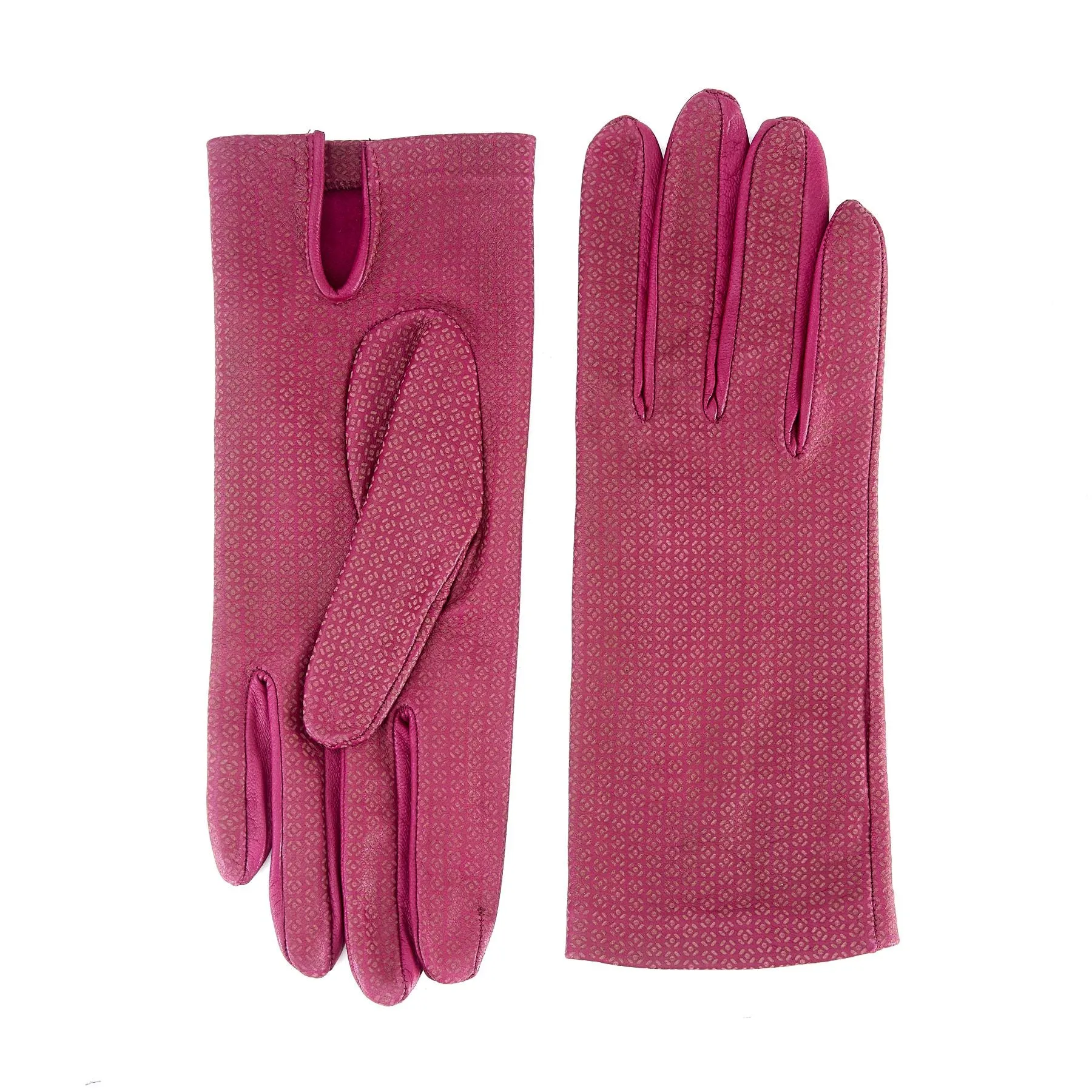 Women's unlined purple nappa leather gloves with all over laser cut detail