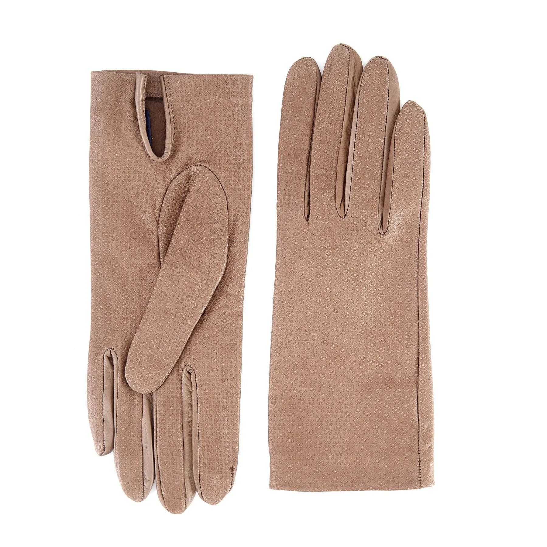 Women's unlined taupe nappa leather gloves with all over laser cut detail