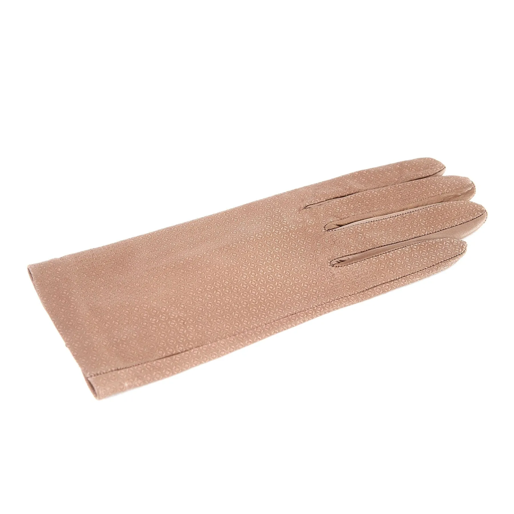 Women's unlined taupe nappa leather gloves with all over laser cut detail