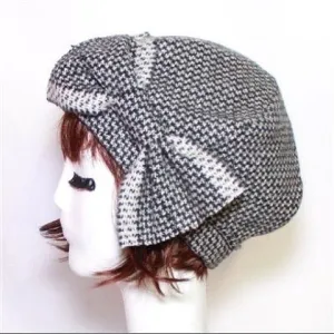 Wool Herringbone Beret Hat Bow