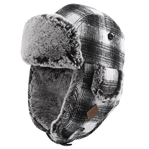 Wool Plaid Trapper Hat Faux Fur Earflap Hunting Russian Ushanka Hat Mens Winter Hats for Women Outdoor Ski Snow Hat Warm Fleece Lined