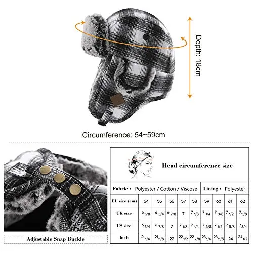 Wool Plaid Trapper Hat Faux Fur Earflap Hunting Russian Ushanka Hat Mens Winter Hats for Women Outdoor Ski Snow Hat Warm Fleece Lined