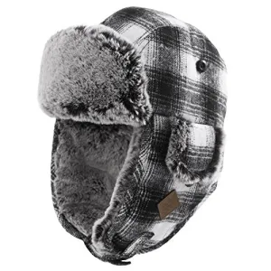 Wool Plaid Trapper Hat Faux Fur Earflap Hunting Russian Ushanka Hat Mens Winter Hats for Women Outdoor Ski Snow Hat Warm Fleece Lined