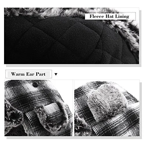 Wool Plaid Trapper Hat Faux Fur Earflap Hunting Russian Ushanka Hat Mens Winter Hats for Women Outdoor Ski Snow Hat Warm Fleece Lined